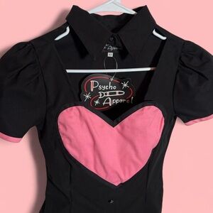Black and Pink heart Button Down Shirt Xsmall psycho apparel Japan